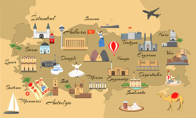 Map of turkey with main sights for tourists. Turkish attraction.