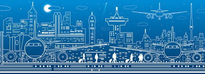 Airport illustration. Aviation transportation infrastructure. The plane is on the runway. Airplane fly, people get on the aircraft. Night city on background, vector design art