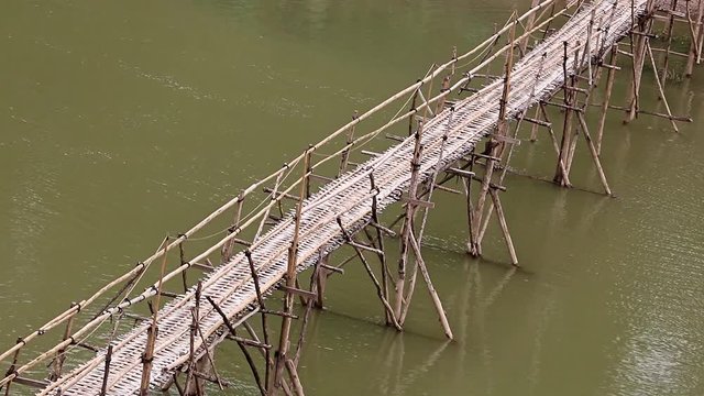 The empty bamboo bridge over the Nam Khan River, Luang Prabang, Laos. old handmade bamboo bridge across river in southeast Asia, Luangprabang