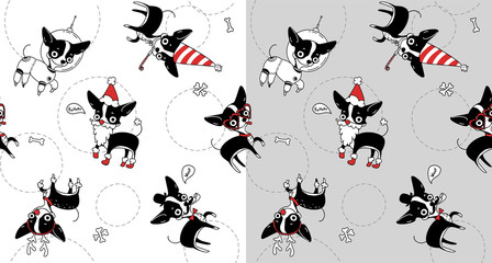 two Christmas seamless texture with chihuahua, gray and white background. Funny chihuahua in different suits. Vector illustration