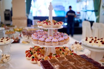Horizontal shot of a table full of desserts at the local restaurant cupcakes with creamy topping muffins sweet delicious eating food baking cooking chef event wedding gourmet concept.