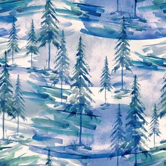 Wall murals Forest     Seamless watercolor pattern, background. Blue spruce, pine, cedar, larch, purple, lilac abstract forest, silhouette of trees. Art illustration for your design