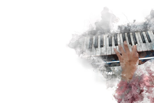 Abstract beautiful a women playing keyboard of the piano foreground Watercolor painting background and Digital illustration brush to art.