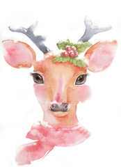 Watercolor-Cute deer with long eyelashes