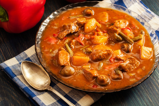 Stew soup with meat and potatoes