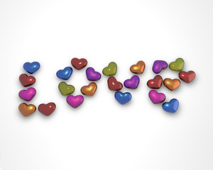3D rendering of colorful hearts written Love for valentines day