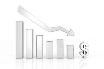 Down graph of dollar currency. 3D rendering.