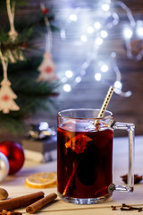 Christmas Eve. Hot drink mulled wine, Christmas background. Alcoholic beverage.