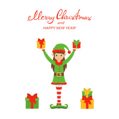 Naklejka premium Happy cute elf and gift boxes on a white Christmas background