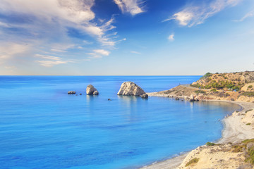 Beautiful view of the birthplace of Aphrodite in Cyprus. Petra tu Romiou, Stone of Aphrodite