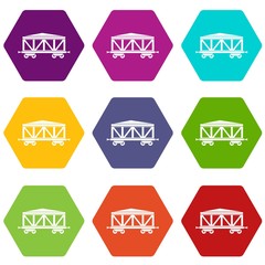 Train cargo wagon icon set color hexahedron