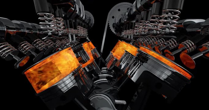 V8 Engine Animation With Explosions. Camera Slowly moving.