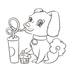Golden dog drinks coffee or milk shake. Hand drawn illustration for New Year t-shirt, poster, postcard