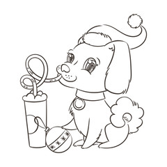 Golden dog drinks coffee or milk shake. Hand drawn illustration for New Year t-shirt, poster, postcard