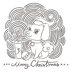 Golden dog drinks coffee or milk shake. Hand drawn illustration for New Year t-shirt, poster, postcard on patterned background