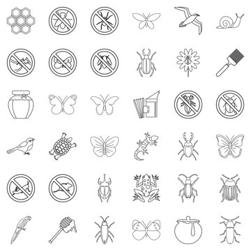 Insect icons set, outline style