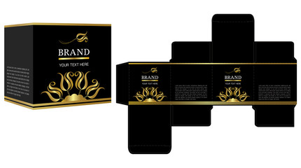 Packaging design, black and gold luxury box design template and mockup box. Illustration vector.