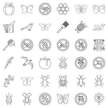 Flying icons set, outline style