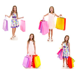 Collection of photos adorable little girl child holding shopping colorful paper bags
