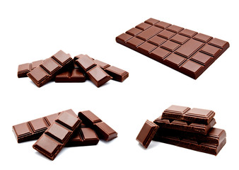 Collection of photos dark milk chocolate bars stack isolated on a white