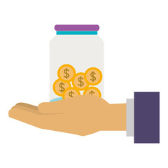 hand saver with glass jar and coins money vector illustration design