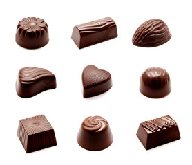 Collection of photos assortment of chocolate candies sweets isolated
