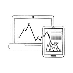 graph chart on laptop and cellphone screen icon image vector illustration design  black dotted line