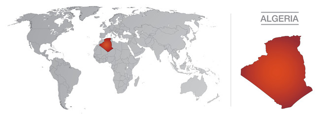 Algeria in the world, with borders and all the countries of the world separated