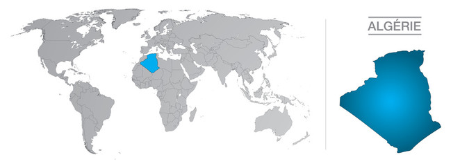 Algérie dans le monde, avec frontières et tous les pays du monde séparés