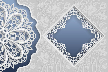 Template of wedding greetings or invitations. 3D mandala, square frame with lace edges, surface with a relief pattern. Floral background on the bottom. Place for the inscription in the frame. Vector.