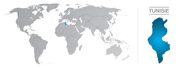 Tunisie dans le monde, avec frontières et tous les pays du monde séparés