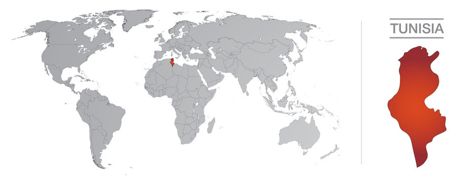 Tunisia in the world, with borders and all the countries of the world separated