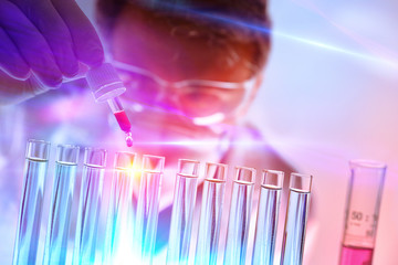 Chemical analyzing different substances in the laboratory front with lights