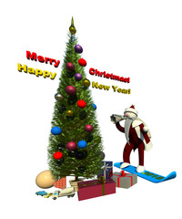 Christmas, New Year 3D illustration composition isolated on white. Christmas tree, decoration, Santa Claus, snowboard, gifts, toys. Collection.