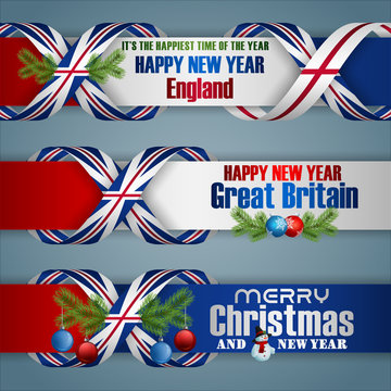 Set of web banners background with texts, and national flag colors for Great Britain, New year and Christmas, event celebration; Vector celebration