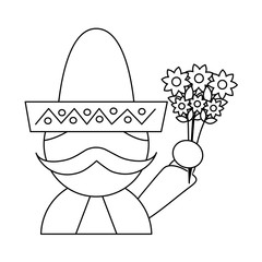 man with sombrero holding flowers mexico culture icon image vector illustration design  black line