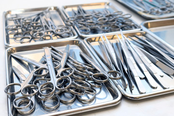 Surgical instruments and tools in medical classroom for training - selective focus