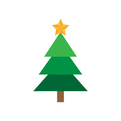Christmas tree with star. Festive xmas tree vector graphic icon. Green christmas conifer tree with golden star on top.
