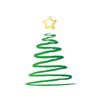 Hand drawn christmas tree with star. Painted vector illustration. Green abstract xmas tree with gold star on top.