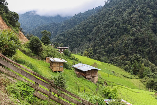 Traditional Bhutanese architectures on the way to Bumthang to Wangduephodrang, Bhutan