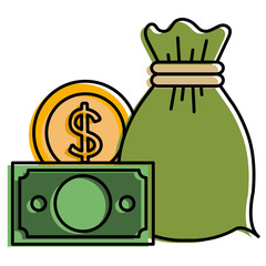 money bag with coin and bill vector illustration design