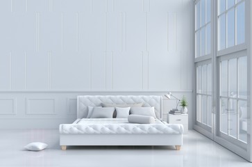 White bed room decorated with tree in glass vase, pillows, white blanket, Window, Sky, Lamp,White wall it is pattern, The sun shines through the window into the shadows,White floor. 3d rendering.
