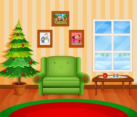 Fototapeta premium Christmas living room with a tree and fireplace