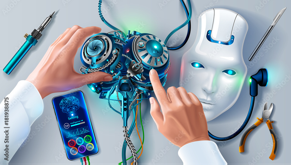Leinwandbilder Man repairing robot. Scientist engineer designs brain, settings artificial intelligence humanoid robot. Robot head on your desktop. Hands of the scientist in white coat program cybernetic brain.