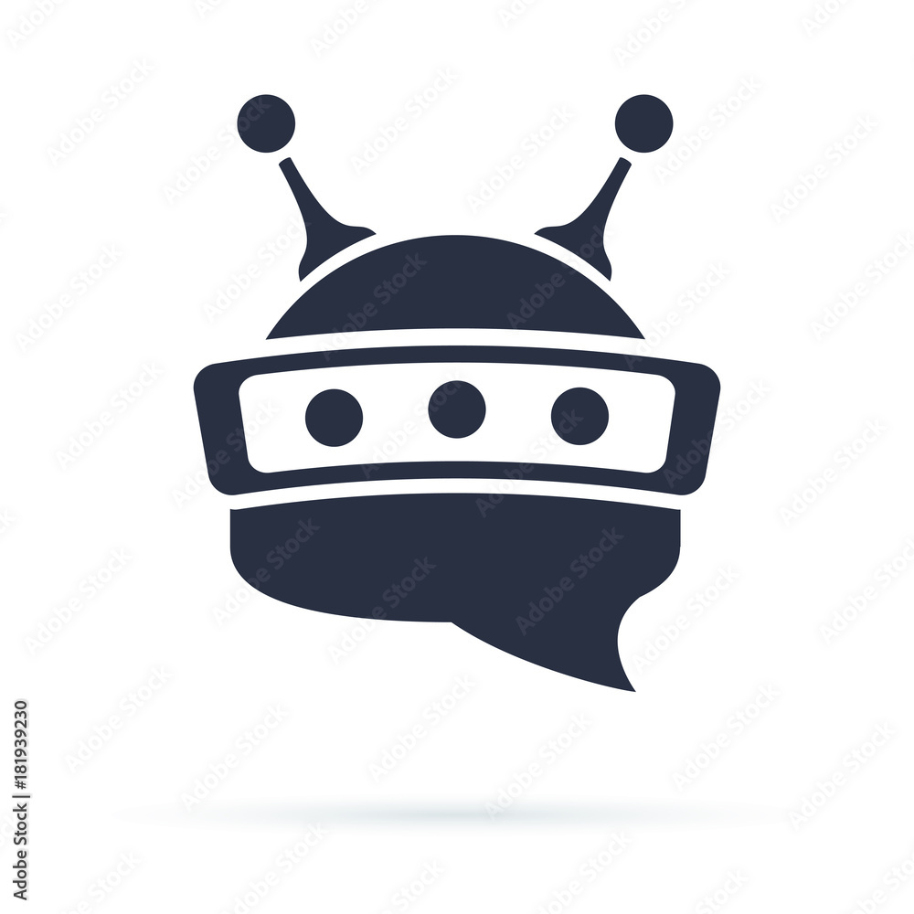 Poster chatbot icon. bot sign design. chat bot logo concept. robot head in speech bubble. online support se