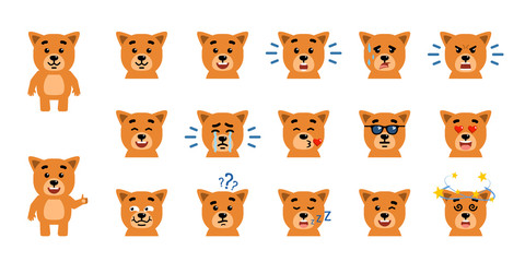 Set of funny yellow puppy emoticons showing different emotions. Happy, sad, angry, dazed, sleep, shocked, tired, in love and other emotions. Flat style vector illustration