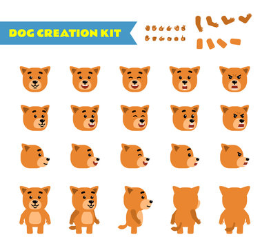 Funny yellow puppy creation set. Various gestures, emotions, diverse poses, views. Create your own pose, animation. Flat style vector illustration