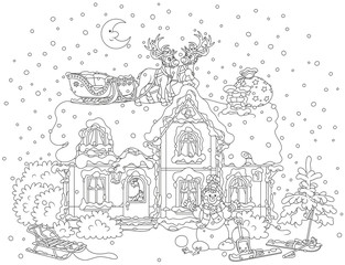 The night before Christmas, Santa Claus with gifts in a house, his sledge with magic reindeers on a snow-covered housetop