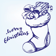 Christmas sock Santa Claus, Decorative Christmas ornament, hand drawn vector illustration sketch.