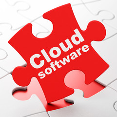 Cloud computing concept: Cloud Software on Red puzzle pieces background, 3D rendering